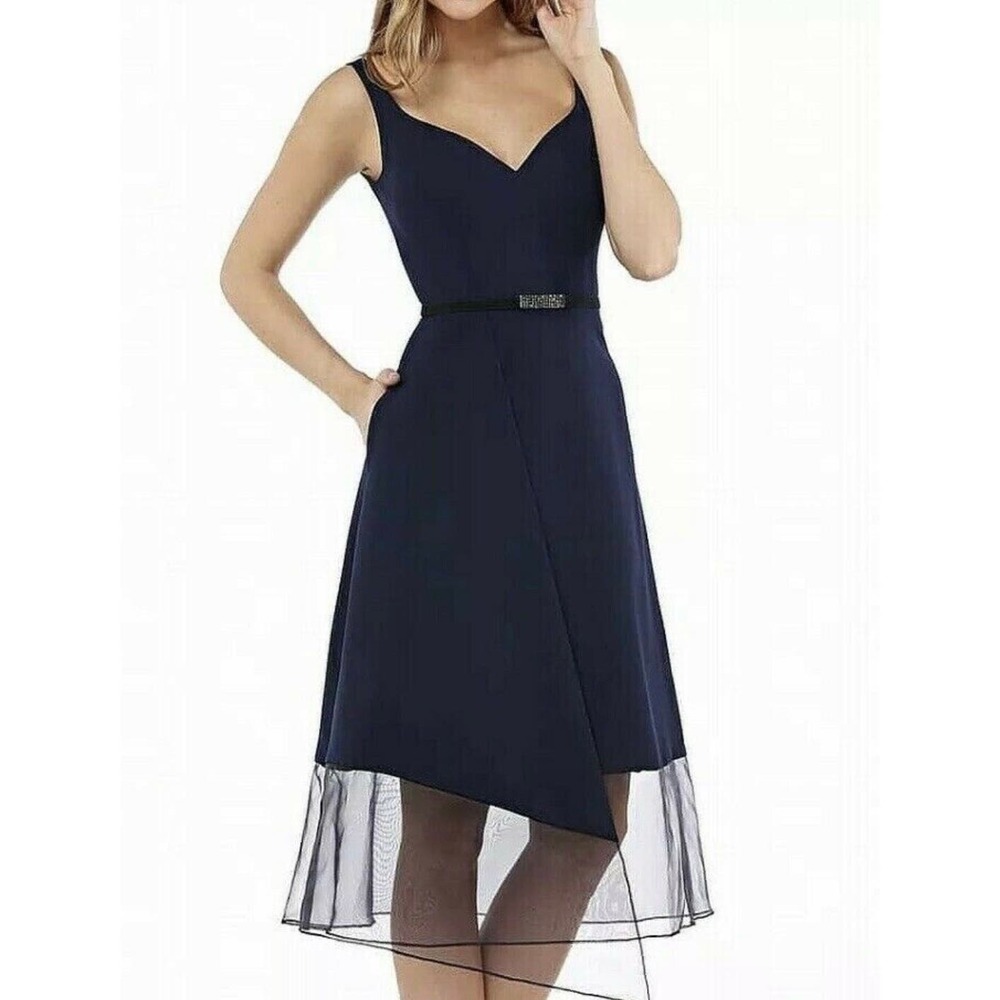 Kay Unger Navy Blue Sleeveless A Line Overlay Dress Size 8